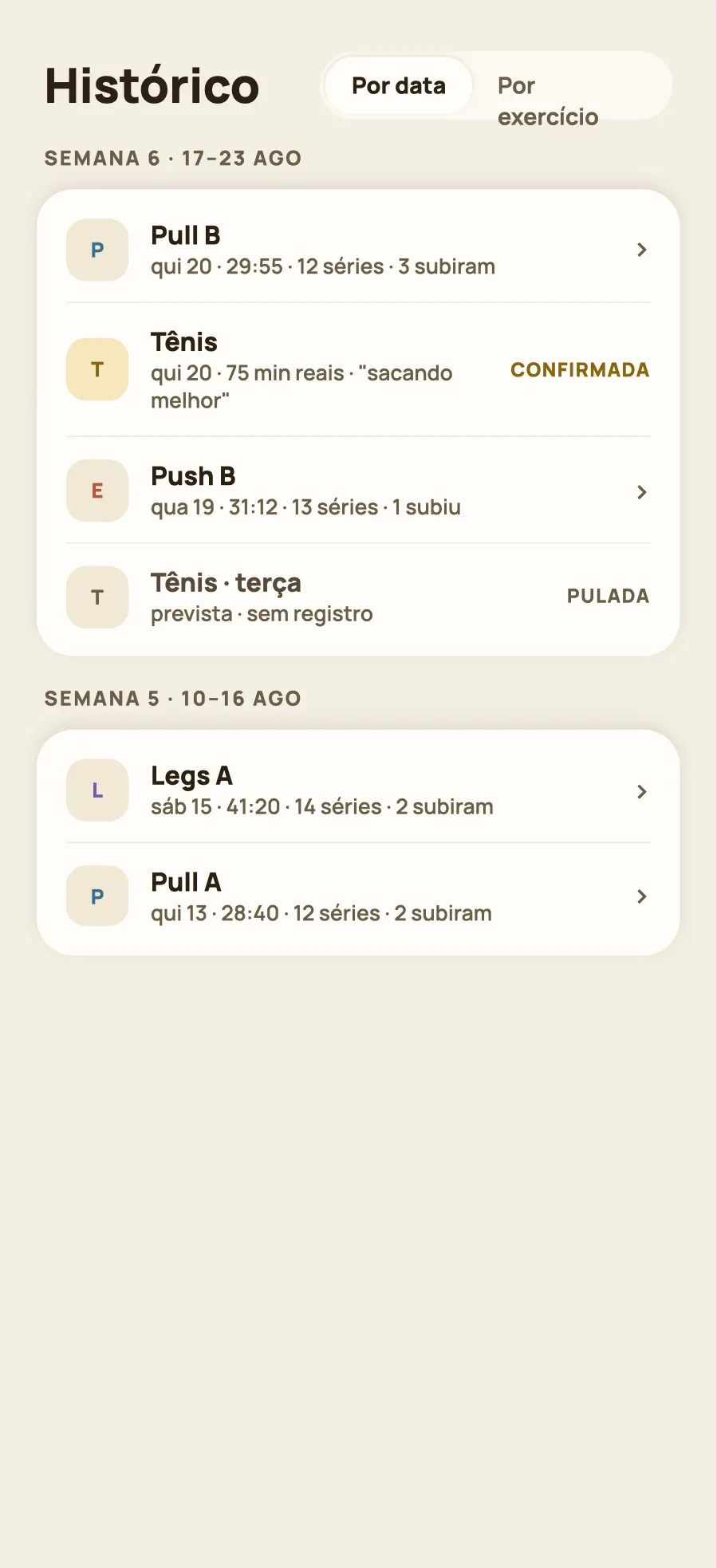 A tela de histórico, com as sessões anteriores em lista.