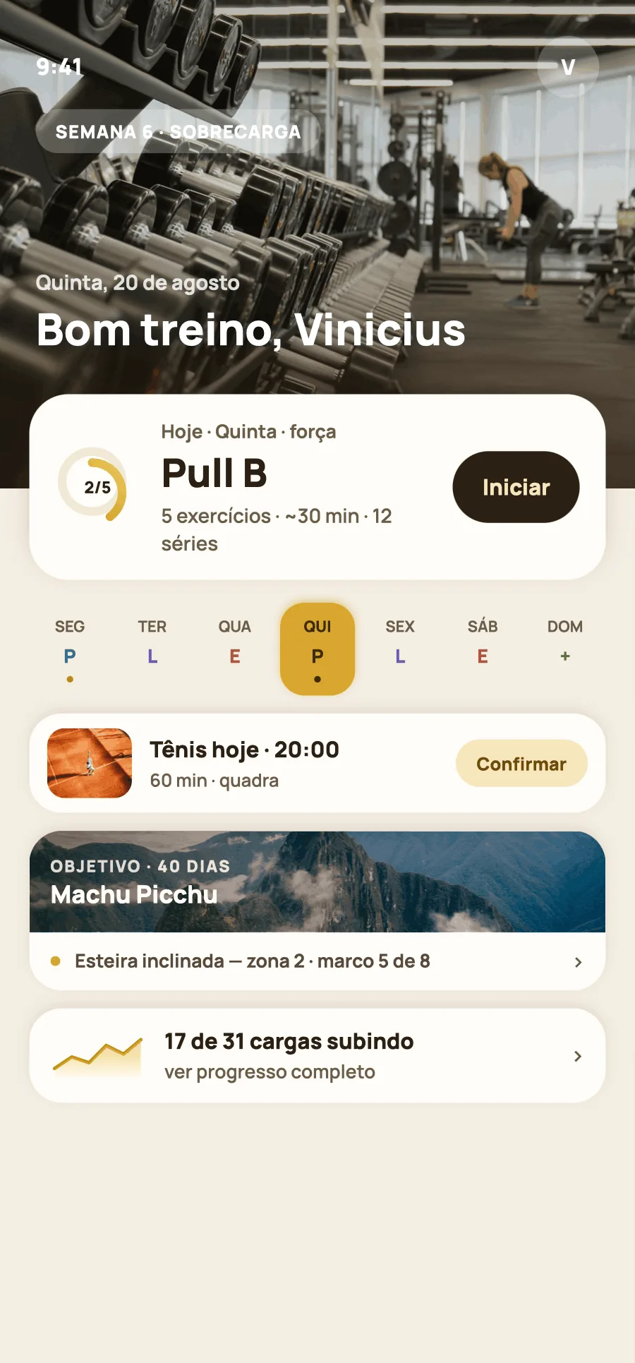A tela inicial do Mouby, com o treino do dia.