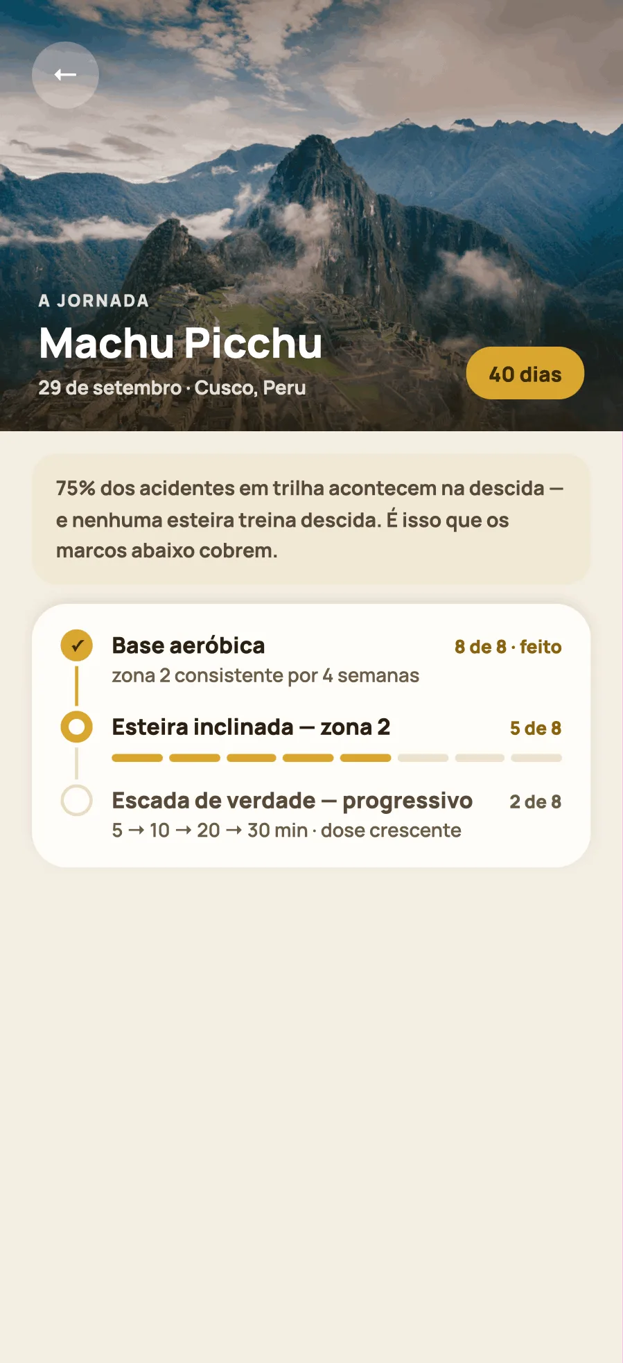 A tela do objetivo Machu Picchu, com os marcos e o quanto falta.